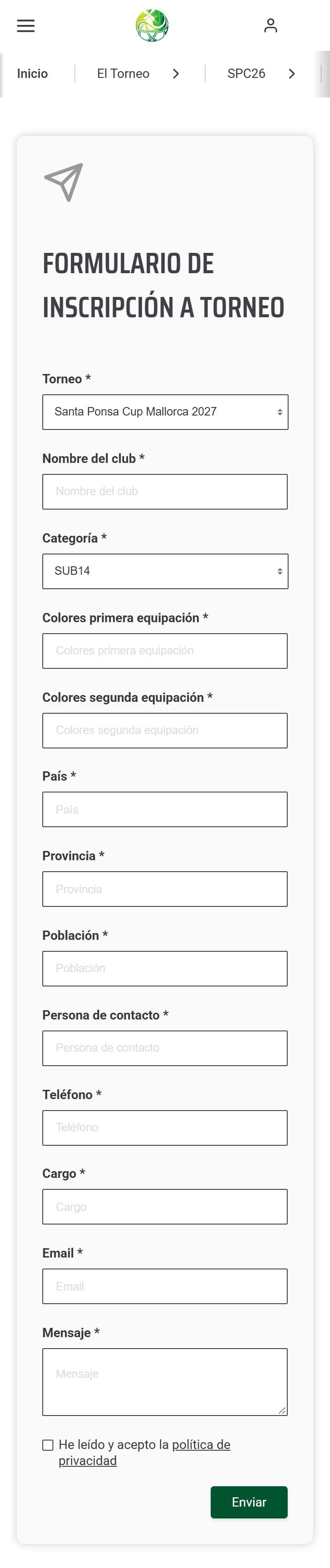 Formulario de inscripción de equipos de Santa Ponça Cup en móvil