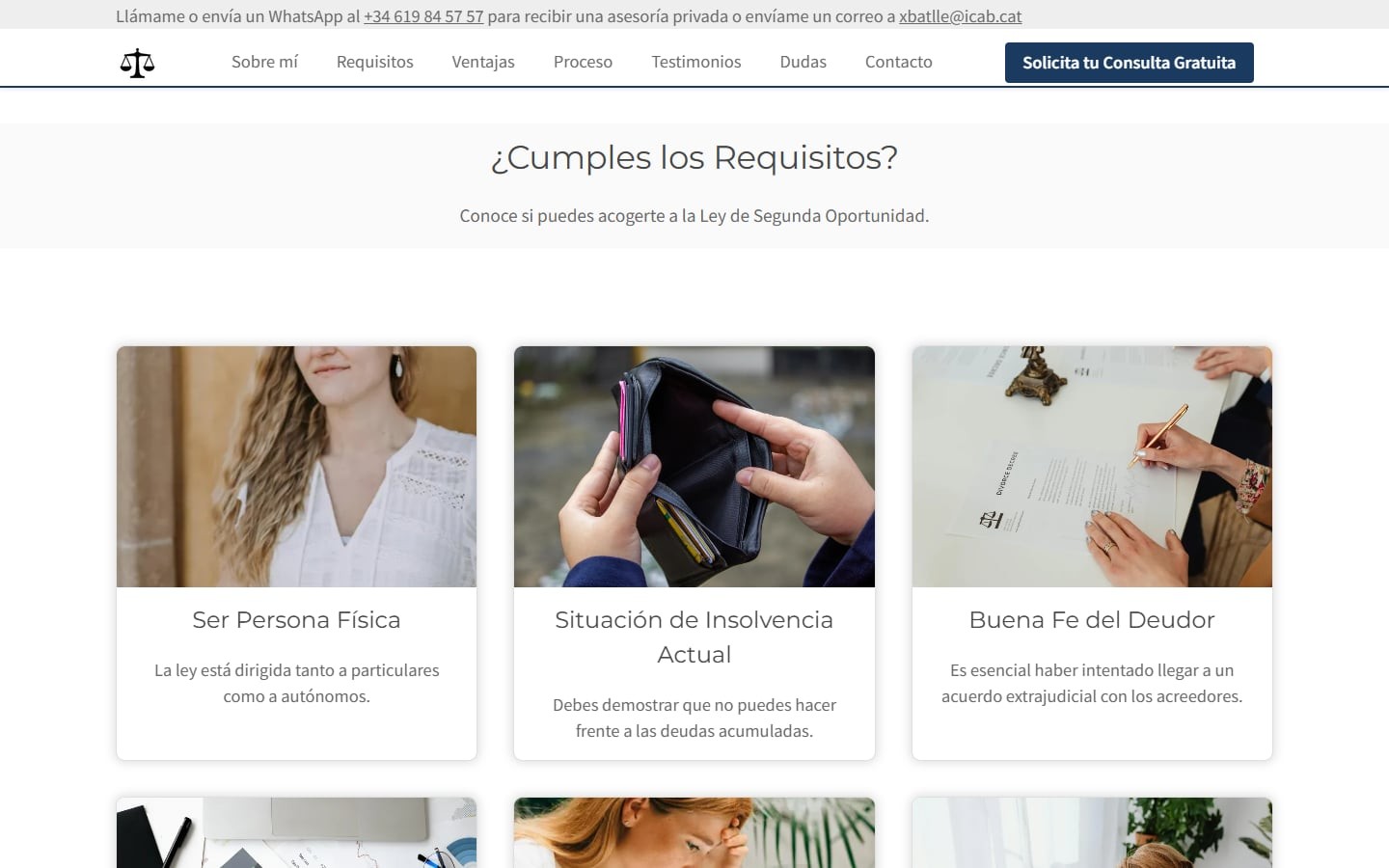 Sección ¿Cumples los requisitos? de la web de Xavier Batlle, con la cabecera fija y las tarjetas de requisitos para la Ley de Segunda Oportunidad