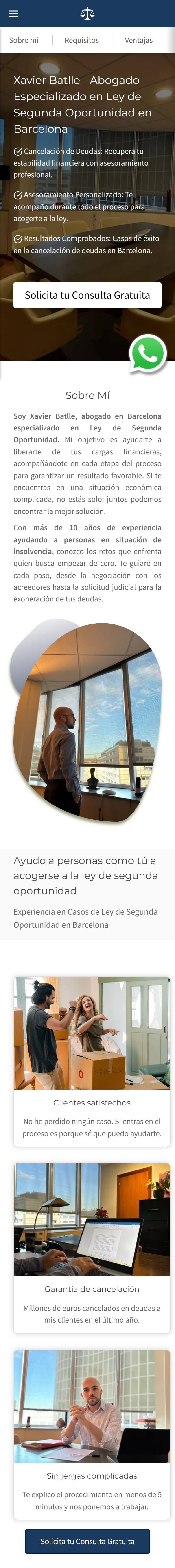 Inicio de la web de Xavier Batlle en el móvil, con el botón flotante de WhatsApp y el bloque Sobre mí