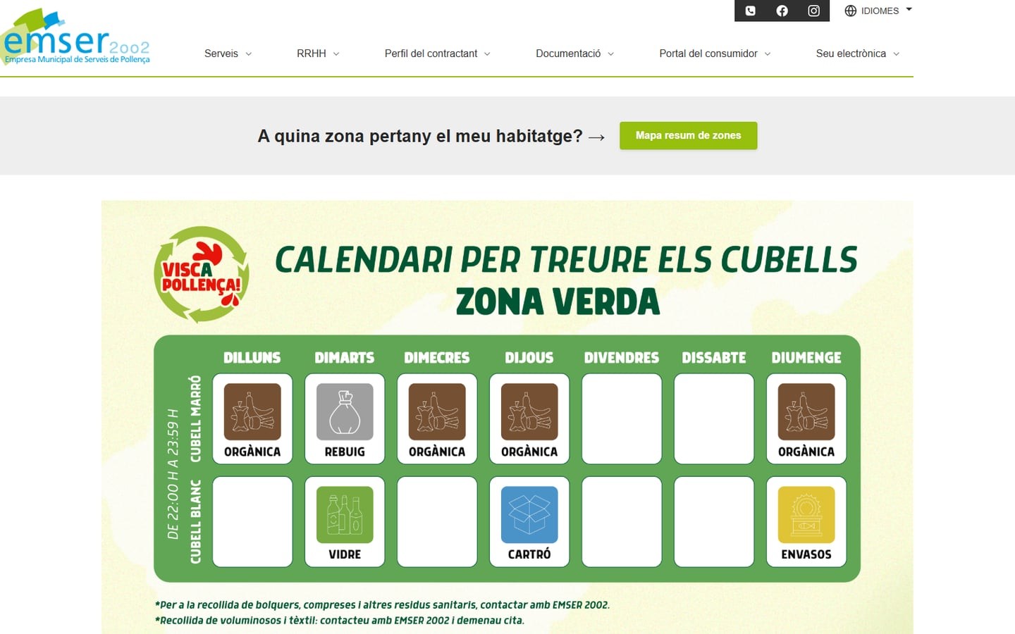 Página del servicio puerta a puerta de Emser 2002 con el acceso al mapa de zonas y el calendario de recogida de la zona verde