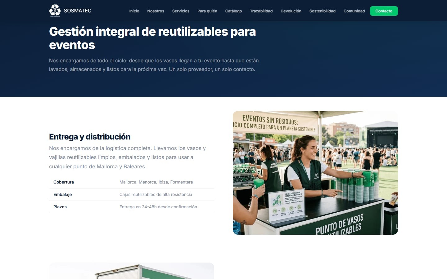 Página de servicios de Sosmatec con la introducción y la fase de entrega y distribución