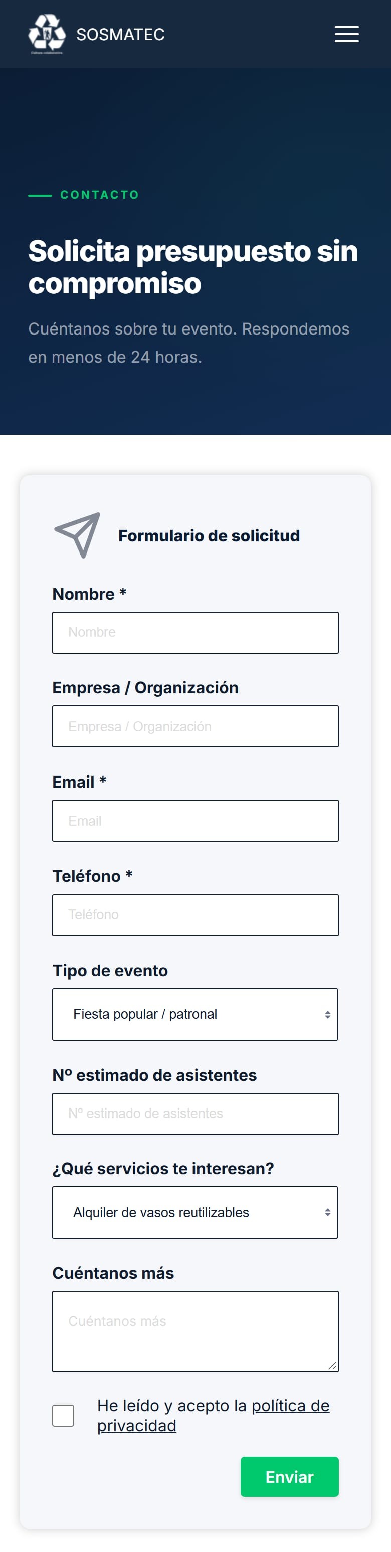 Formulario de solicitud de presupuesto de Sosmatec en el móvil, con el selector de tipo de evento