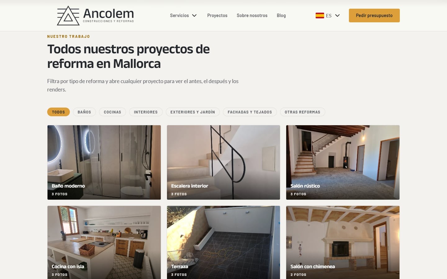 Página de proyectos de Construcciones Ancolem con los filtros por tipo de reforma y la cuadrícula de obras