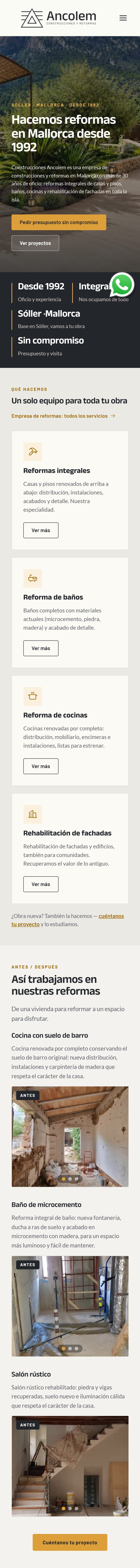 Página de inicio de Construcciones Ancolem en el móvil, con el botón flotante de WhatsApp