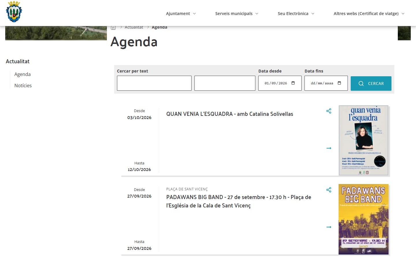 Agenda cultural del Ajuntament de Pollença con el buscador por texto y fechas y la lista de actividades