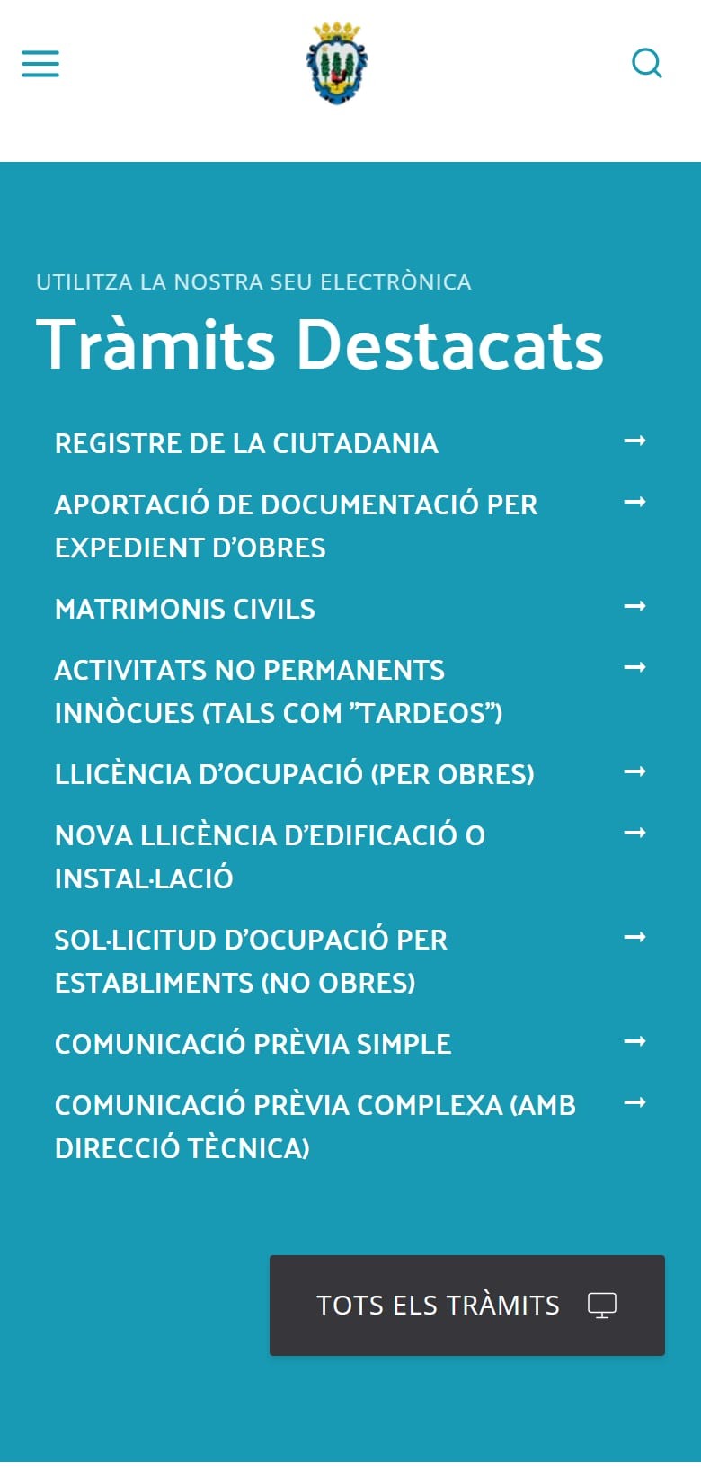 Bloque de trámites destacados de la web del Ajuntament de Pollença en el móvil
