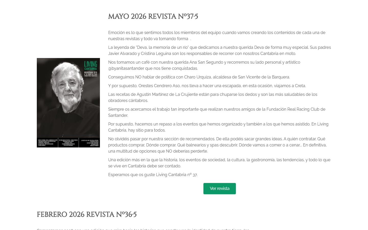 Archivo de revistas de Living Cantabria con la portada y el resumen del número de mayo de 2026