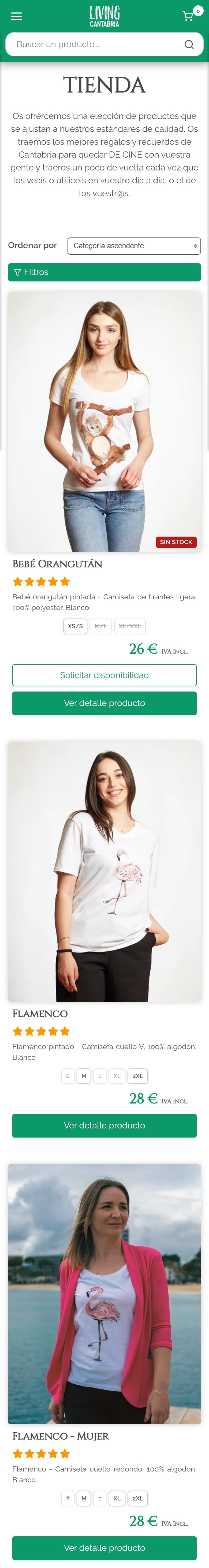 Tienda online de Living Cantabria en el móvil con el listado de camisetas