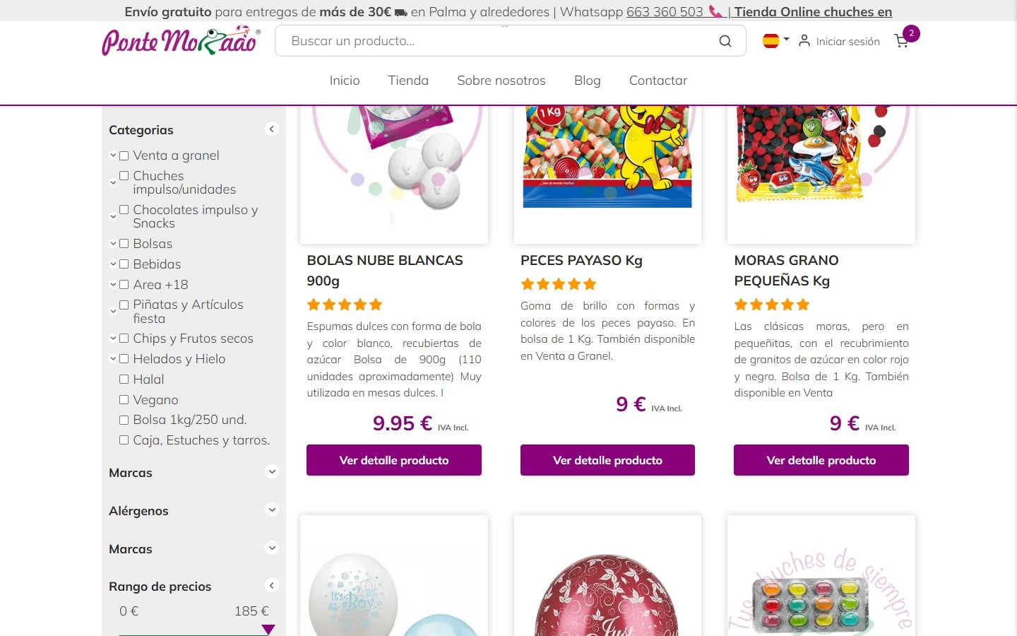 Catálogo de la tienda de Ponte Morado con los filtros de categorías, marcas, alérgenos y rango de precios
