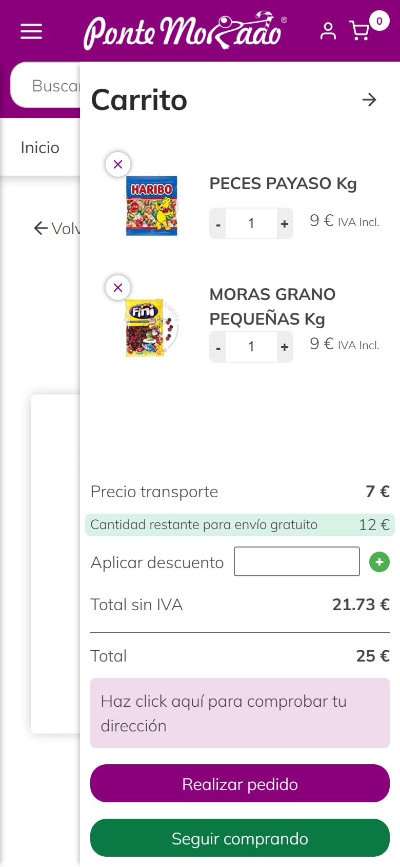 Carrito de Ponte Morado en el móvil con el precio de transporte y el campo para aplicar descuento