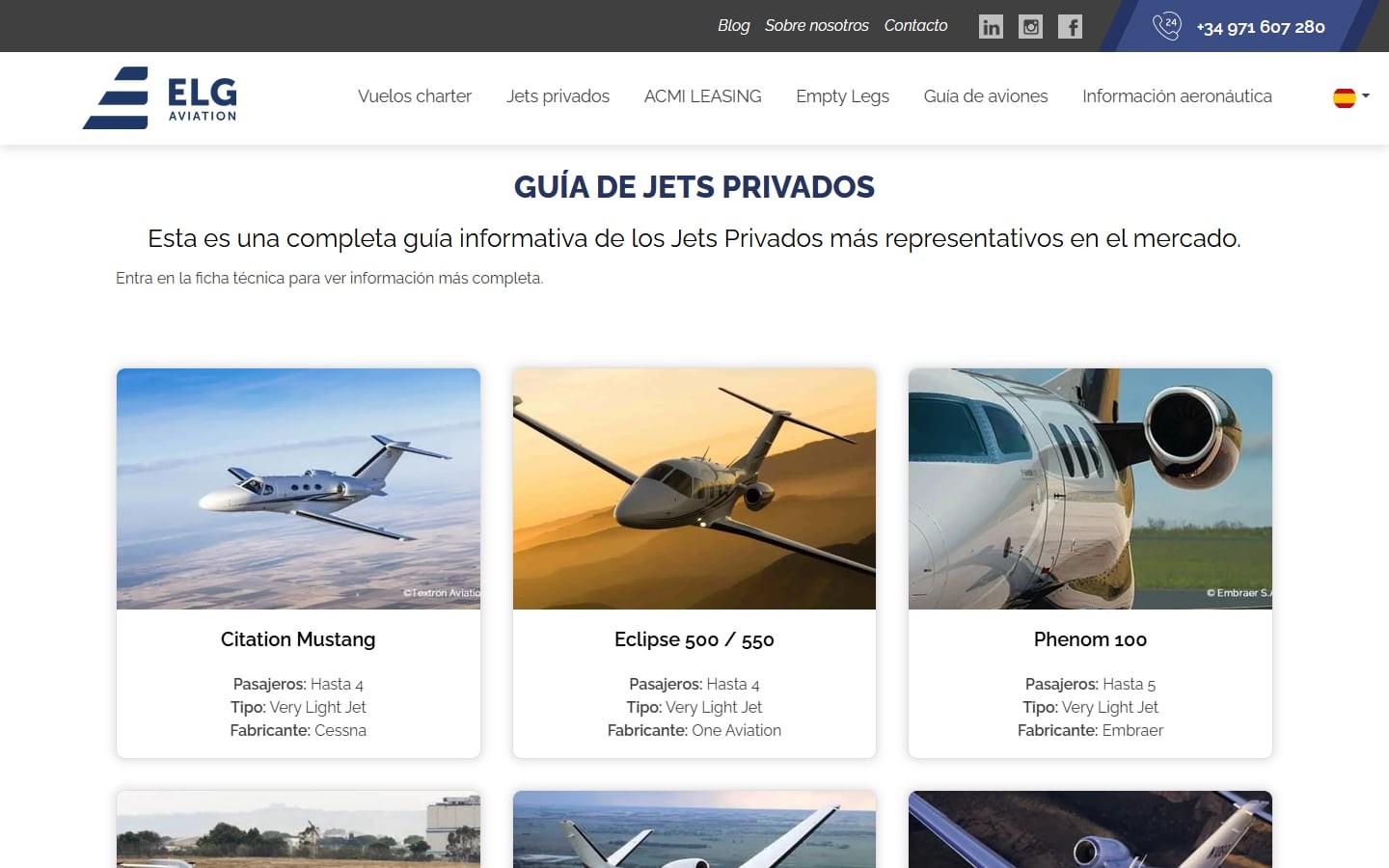 Guía de jets privados de ELG Aviation con las fichas de cada modelo: pasajeros, tipo y fabricante