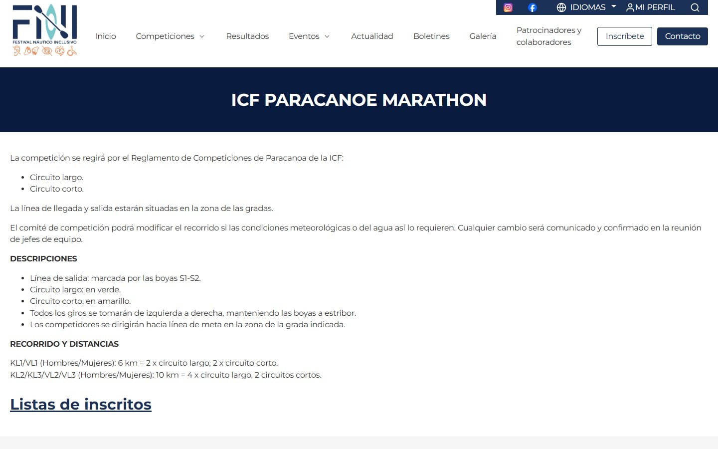 Ficha de la competición ICF Paracanoe Marathon con reglamento, circuitos, recorridos y lista de inscritos