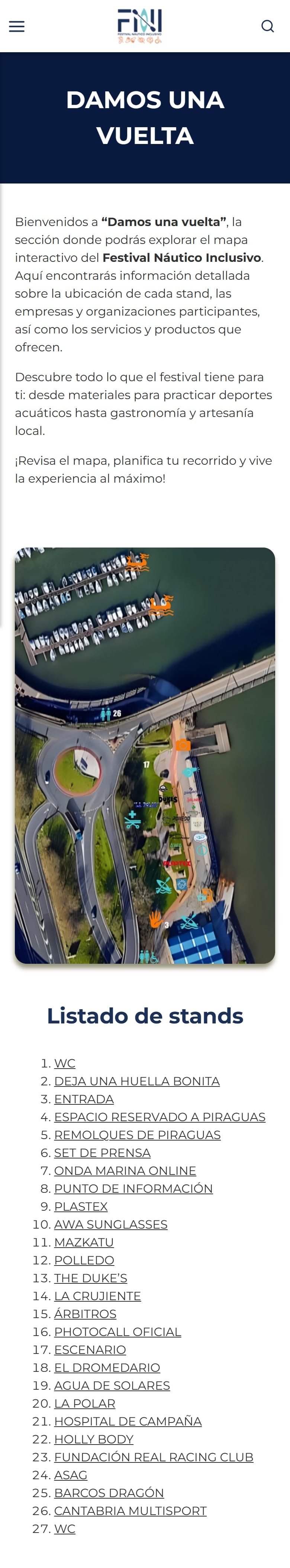 Página Damos una vuelta en el móvil con el mapa aéreo de stands del festival y el listado numerado de stands