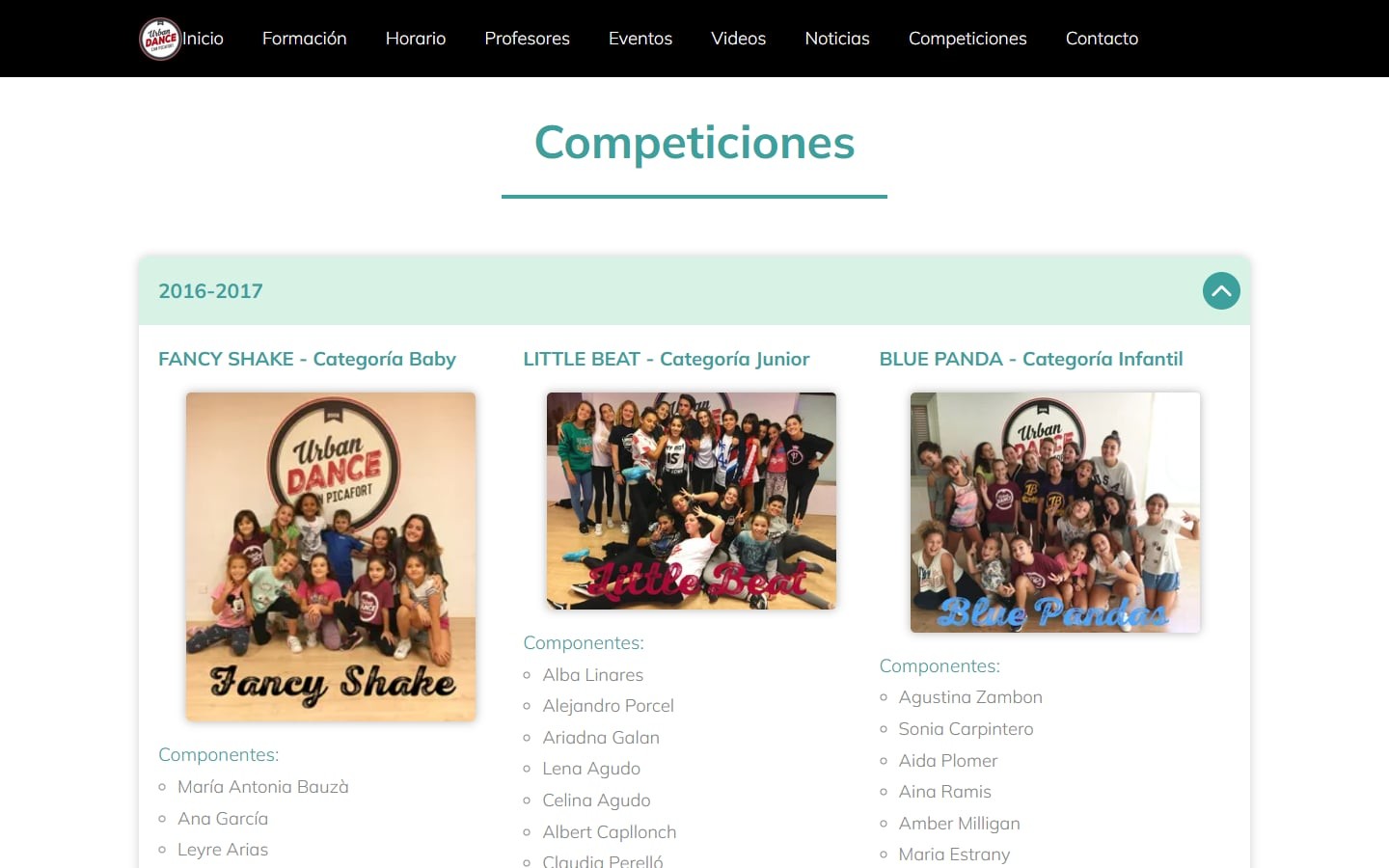 Página de competiciones de Urban Dance Can Picafort con la temporada 2016-2017 desplegada: grupos Fancy Shake, Little Beat y Blue Panda con foto y componentes