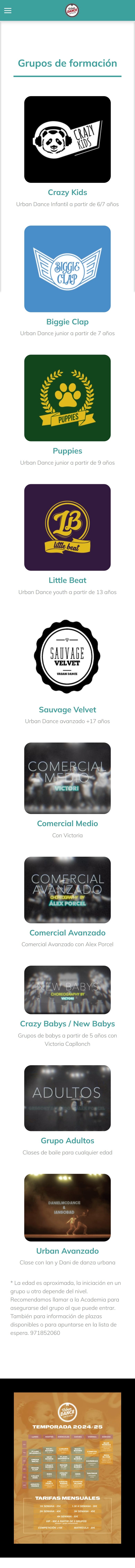 Portada de Urban Dance Can Picafort en el móvil con los grupos de formación por edades y el horario de la temporada